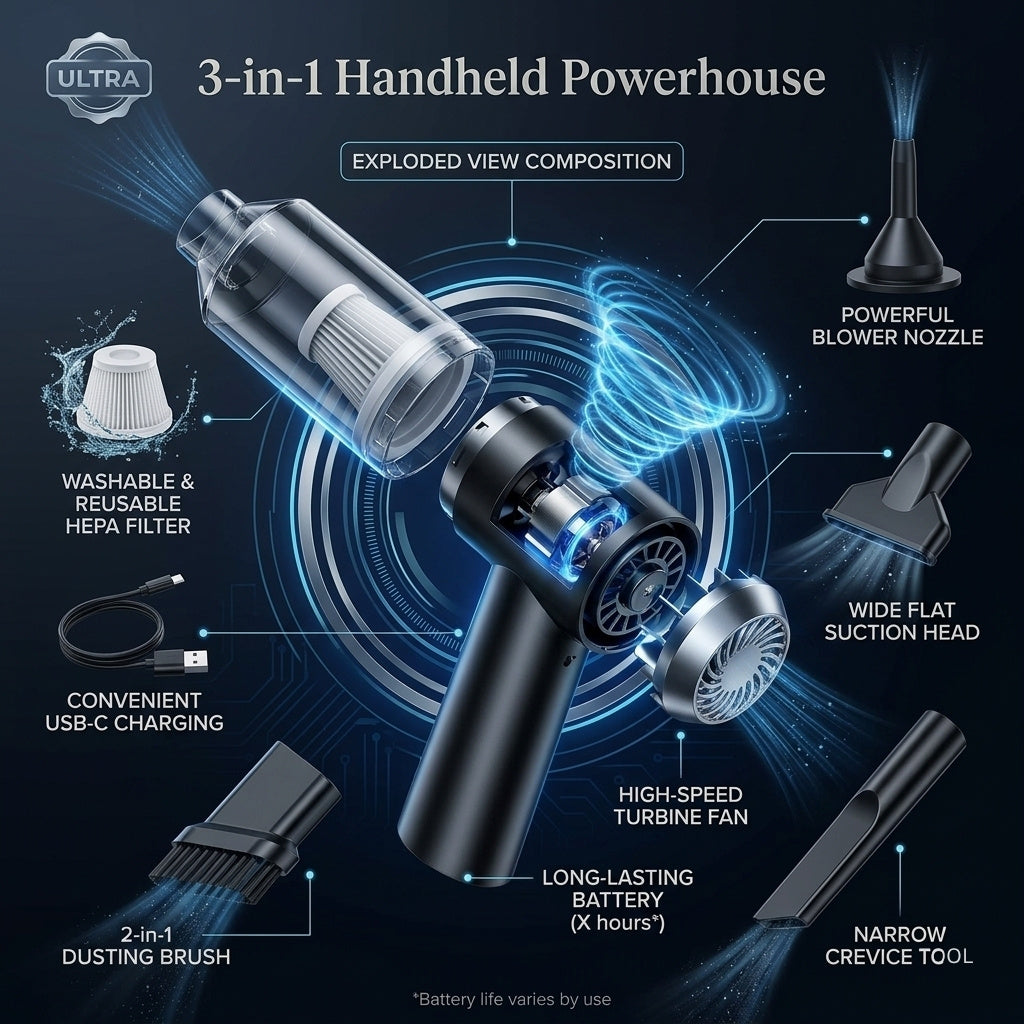3-in-1 Portable Wireless Car Vacuum Cleaner